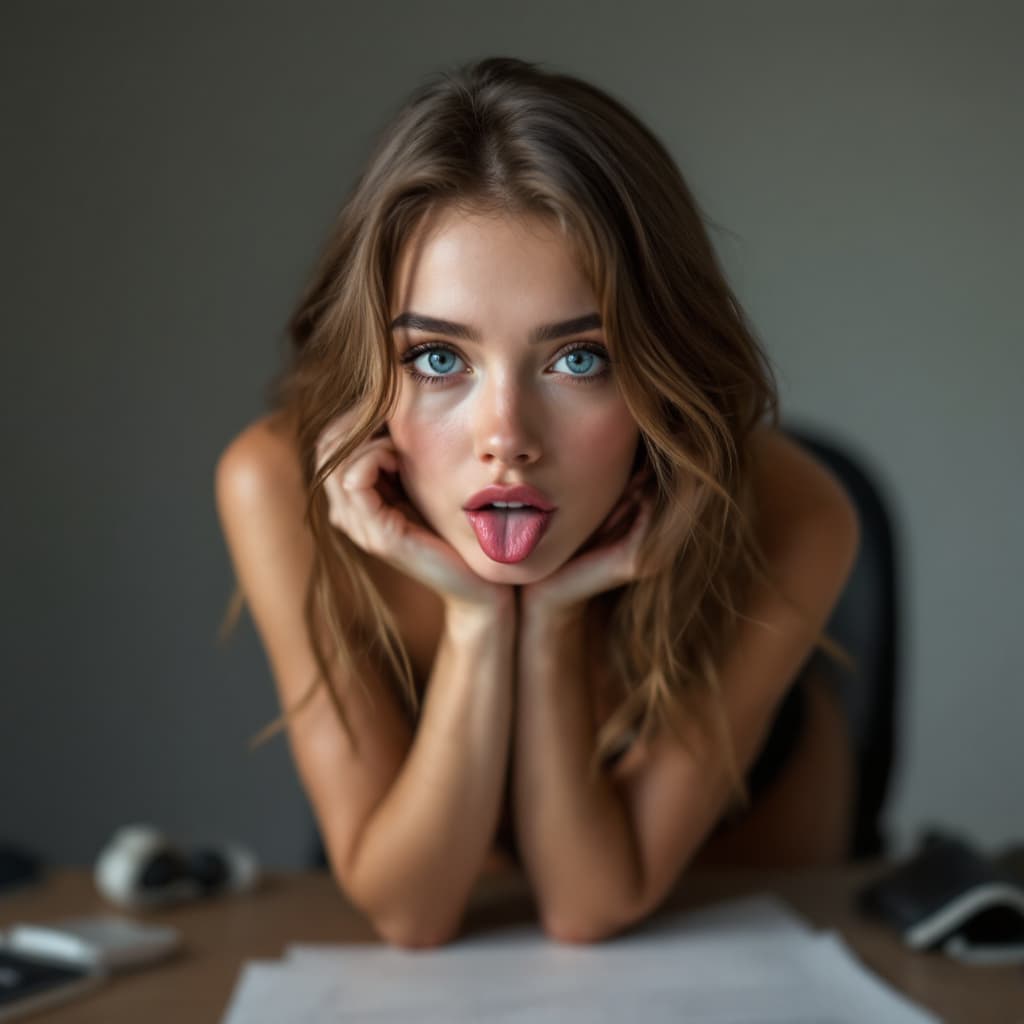 AI generated: 17 years old girl, [thick girl] , with big expressive eyes, [blue piercing eyes] , slim face, [narro...