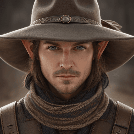 AI generated: Male Elf close-up portrait, dusty wide brim hat, dusty scarf, blue eyes, long brown hair, van dyke b...