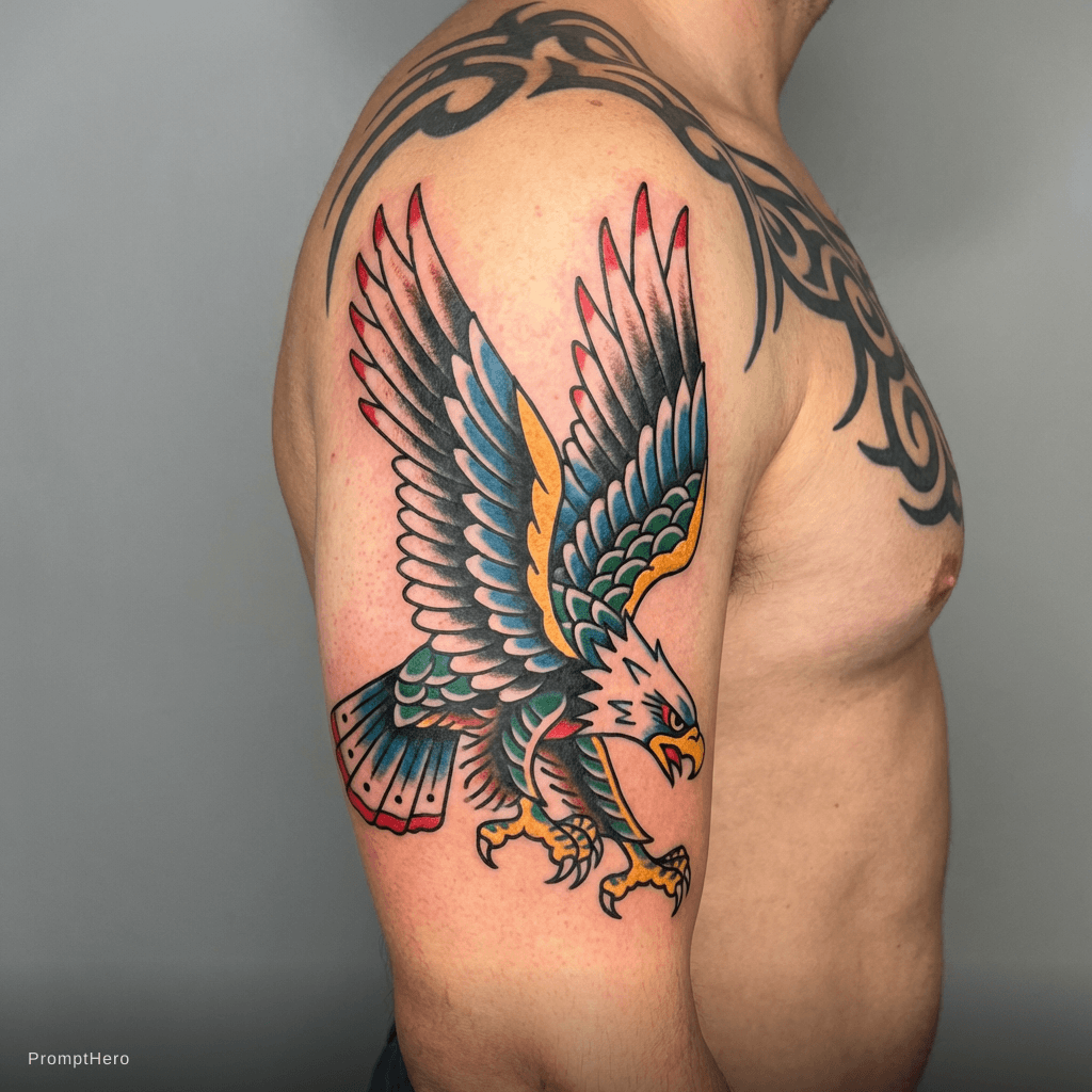 AI generated: traditional eagle covering full bicep, bold American style with color