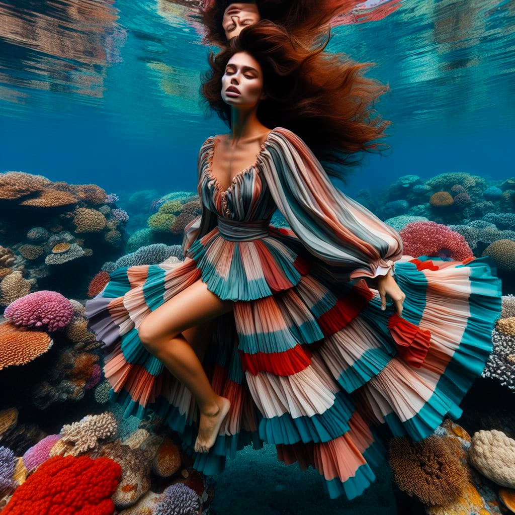 AI generated: Highly detailed underwater photography. Confident young latina in a oversized long dress, fabrics fl...
