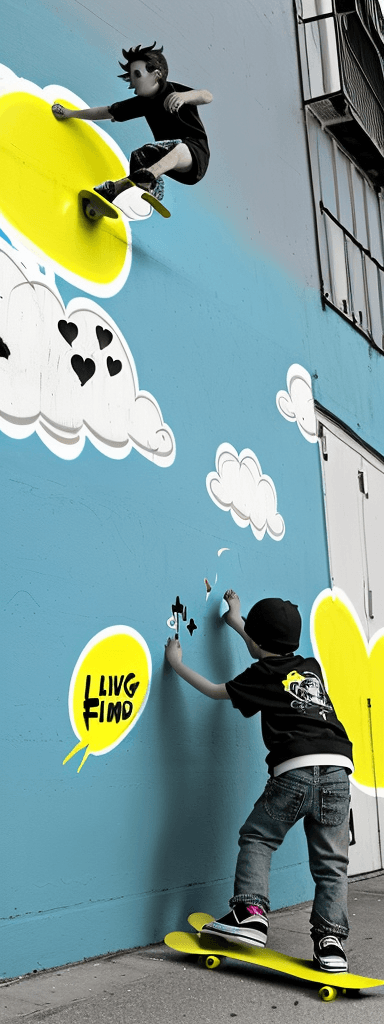 AI generated: Graphic design with a black and white boy writing "Louise" on a colorful wall painted with flying ye...