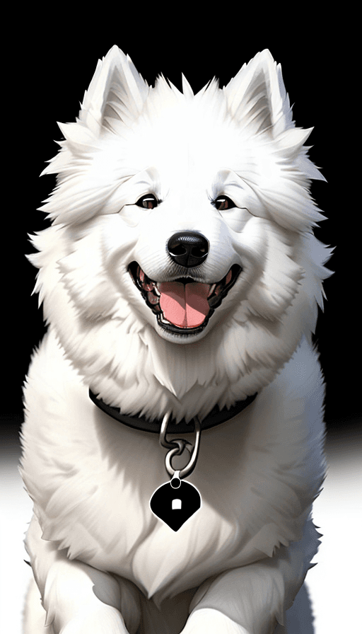 AI generated: smiling/happy white samoyed dog black background for my phone lockscreen leave some space above him ...
