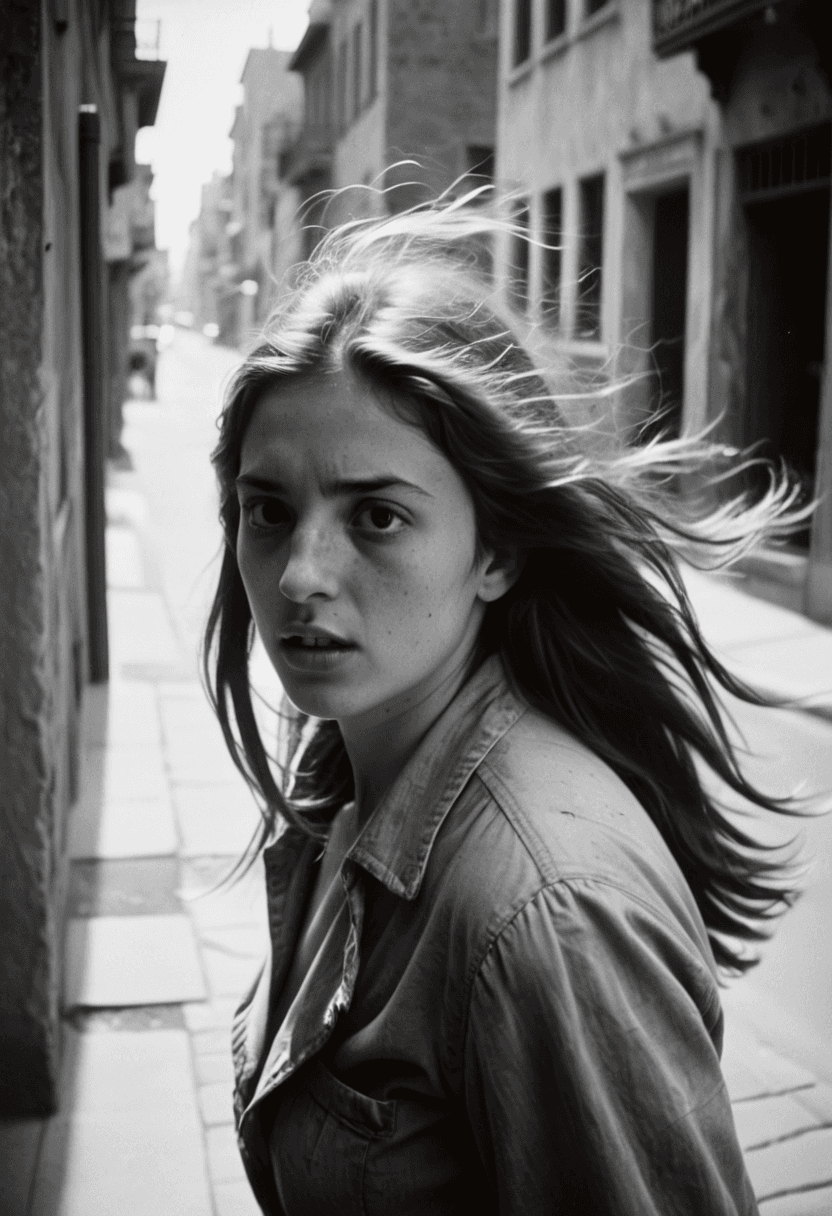 AI generated: This is a candid, black and white analog film photograph, from the side, of a woman with long hair b...