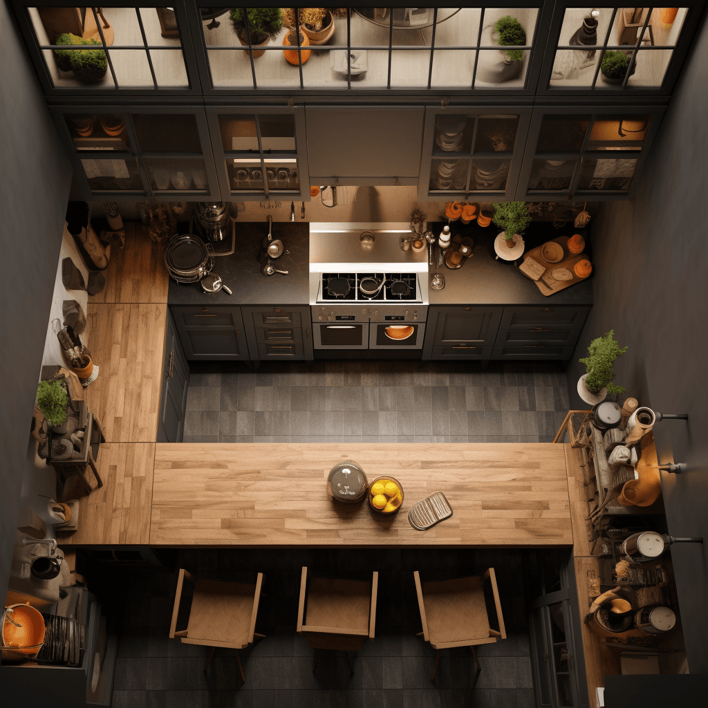 AI generated: Kitchen interior design, bird eye
