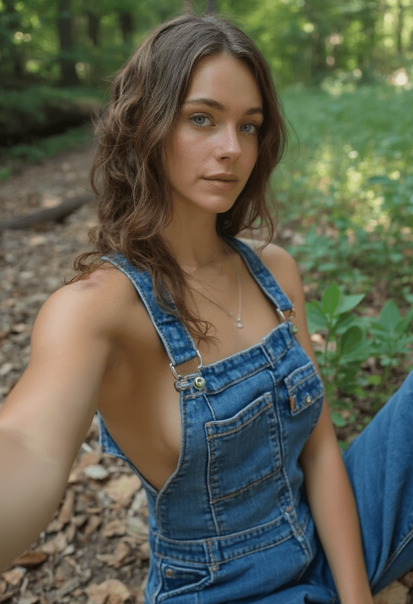 AI generated: Create a high-quality photorealistic render of a fit, topless adult woman taking a selfie in a lush ...
