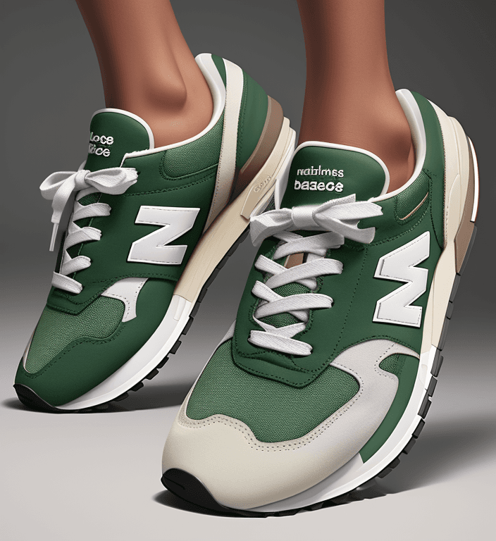 AI generated: Fashion shoot IN STUDIO, sneakers NEW BALANCES MODEL ; MADE IN USA 990V3 BROWN COLOR WITH GREEN DETA...