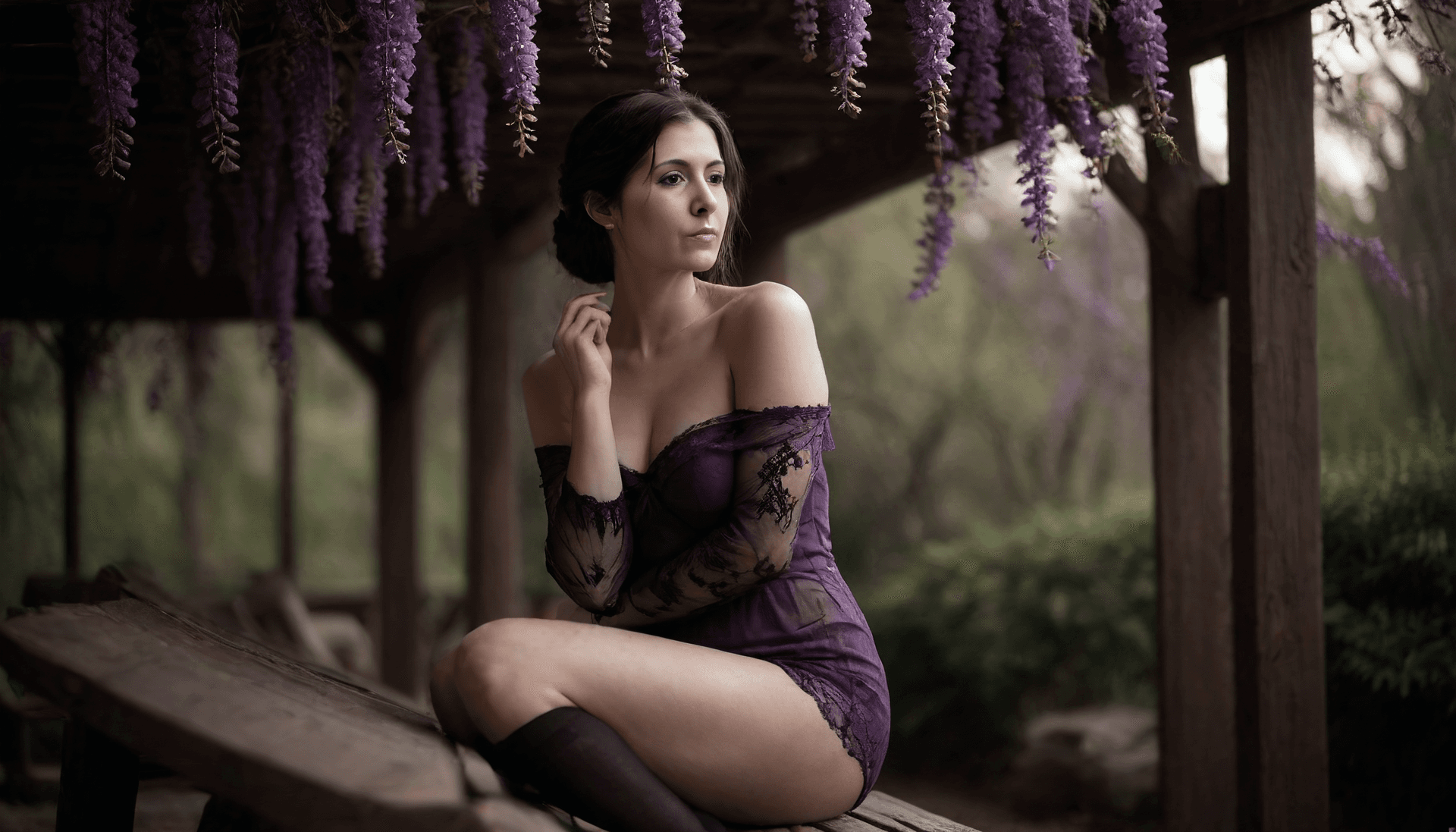AI generated: Ultra realistic photo of a beautiful thin, fit young white caucasian adult woman sitting on a wooden...