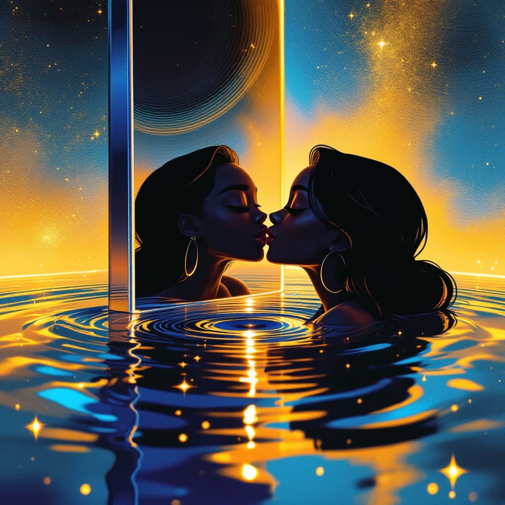 AI generated: A bold and vibrant modern illustration of a beautiful black chibi woman leaning towards her reflecti...
