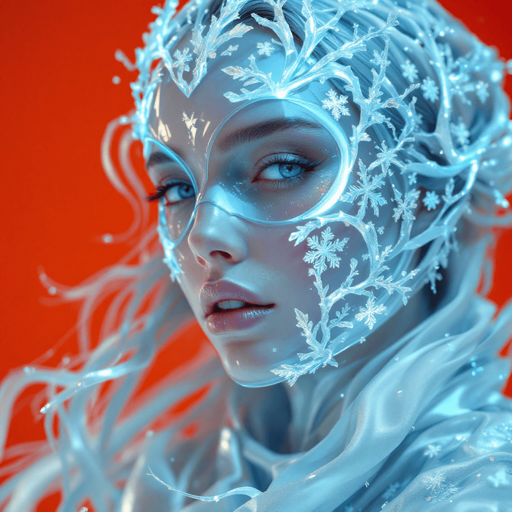 AI generated: A hyper-realistic portrait, in HD, 8K, of a woman wearing a full mask sculpted from shimmering ice a...