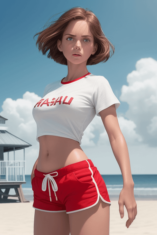 AI generated: 1girl, (full body), (action shot), (dynamic pose), (a girl as a lifeguard wearing a plain white shir...