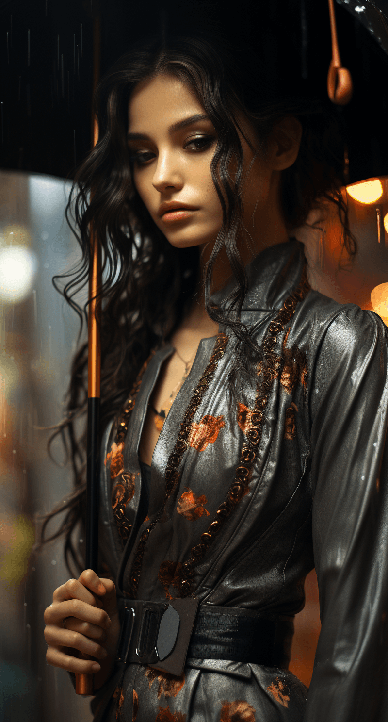 AI generated: a woman wearing an asian dress in the rain, in the style of cyberpunk realism, charming anime charac...