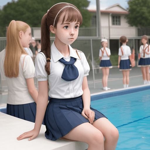AI generated: classical school girl, sweating, uniform, talking with hers friends close to the pools, petite and c...