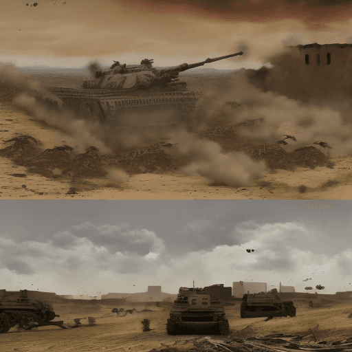 AI generated: "Witness the aftermath of a fierce battle through our AI-generated depiction of a war-torn battlefie...