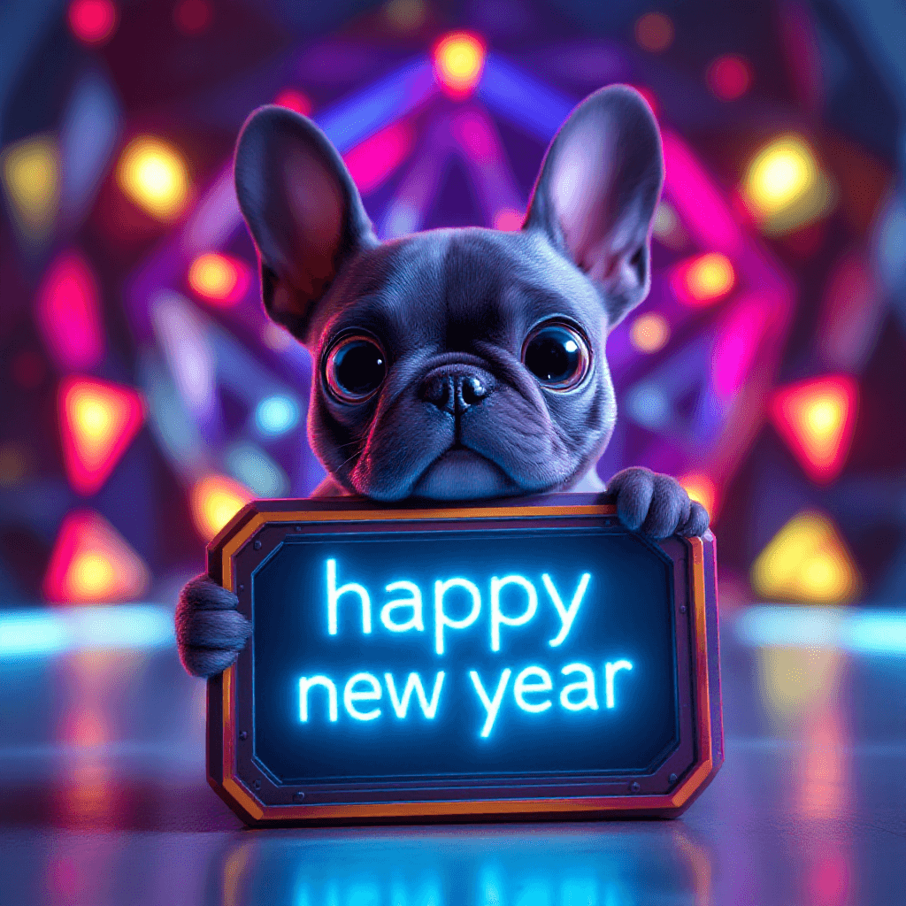 AI generated: 3d Image Pixar Style, Cute french bulldog puppy with huge eyes, holding a Flat lay mockup of [a futu...