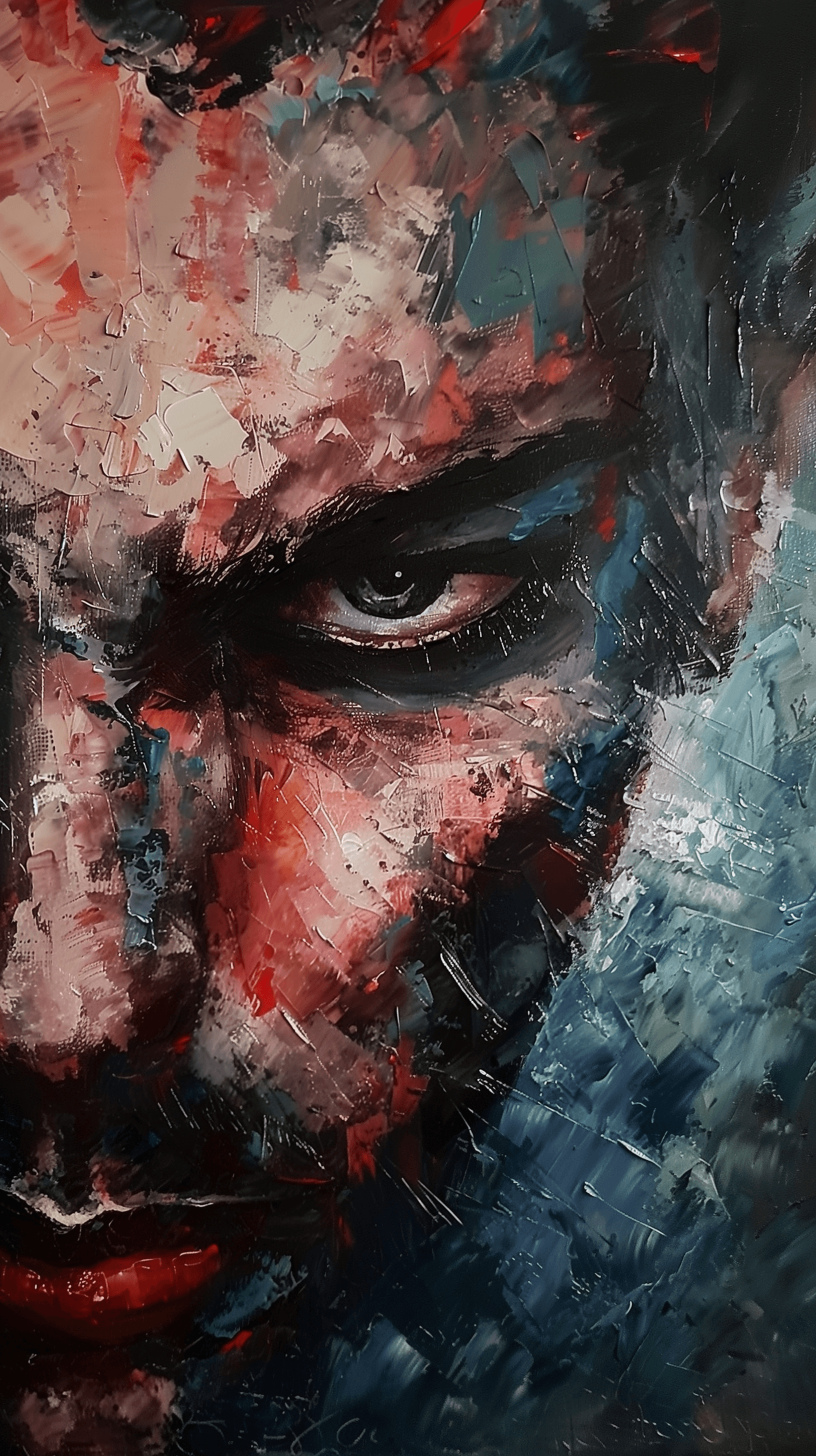 AI generated: artistic, oil painting, avant garde, man, agonized face, gaze, anomalous and dynamic colours, melanc...