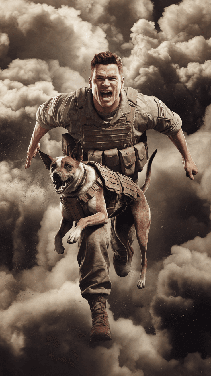 AI generated: a stray dog in army gear barks on a soldier's leg, the soldier run and screams, clouds of smoke arou...