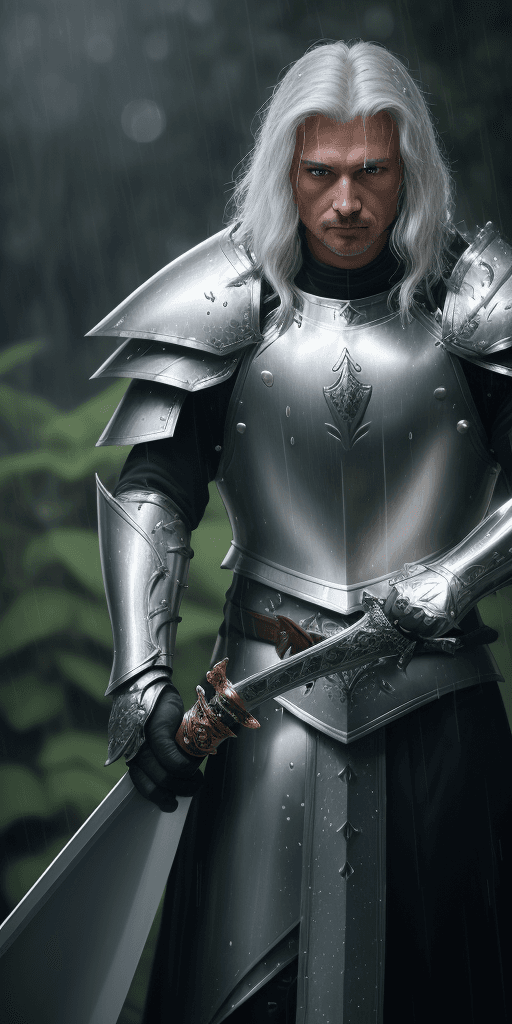 AI generated: real life portrait photo of a man wearing shiny silver armor while holding a long sword, the knight ...