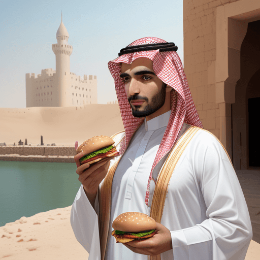 AI generated: create an image of a saudi man wearing traditional clothese and holding a burger in his hand close t...