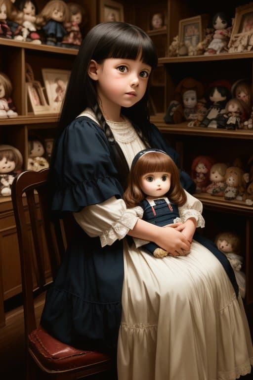 AI generated: monster protectively holding a little girl clutching a tattered doll, horror movie, sinister, antiqu...