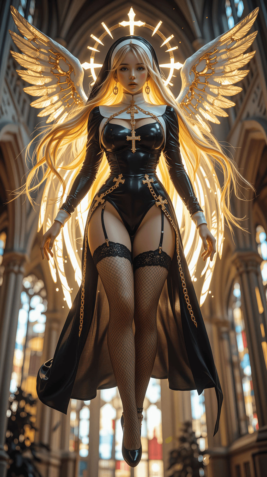 AI generated: A majestic, blasphemously erotic seraph-nun floating in the nave of a towering gothic cathedral, bre...