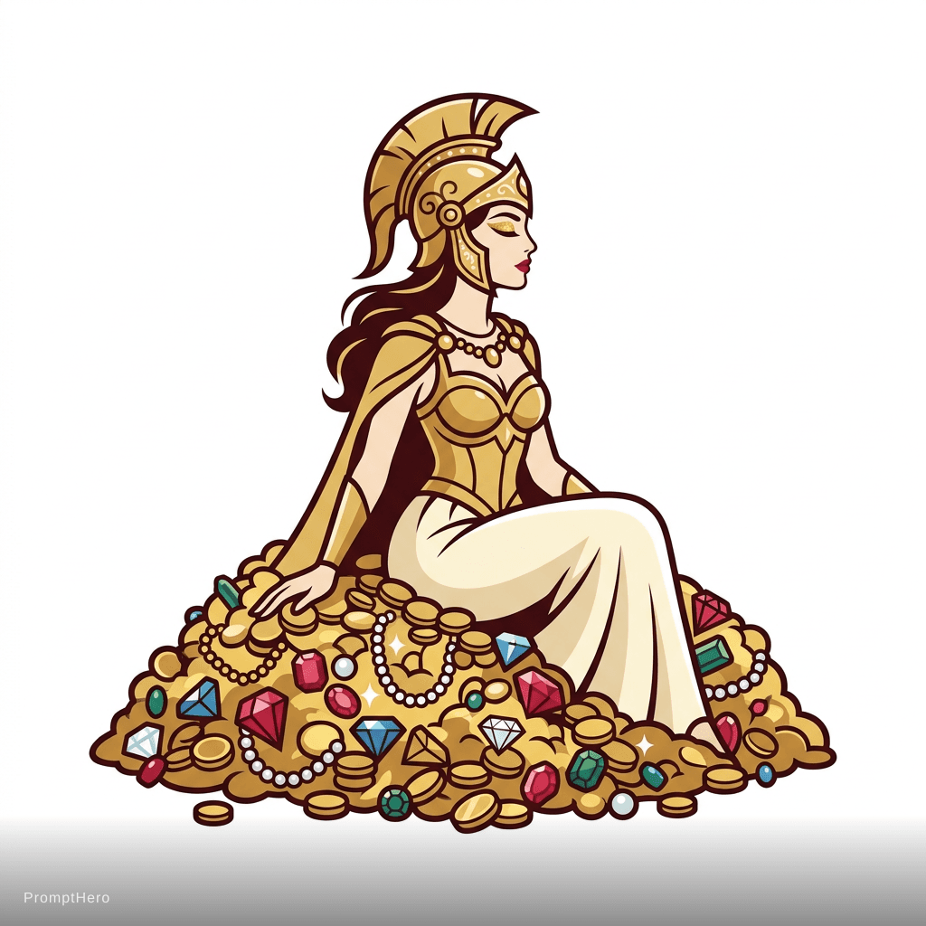 AI generated: a beautiful woman with fair skin, gold eyeshadow on her eyelids, red lips. She wears a gold helmet a...