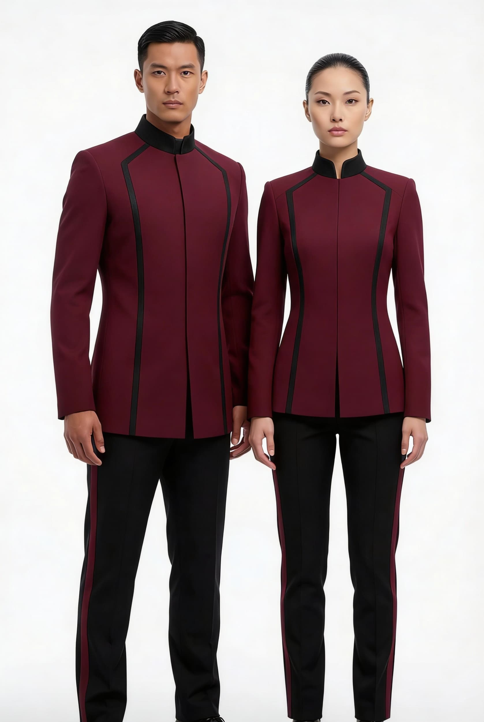 AI generated: Create a Sci-Fi uniform. Use the reference image and turn all blue to red. The color of the uniform ...