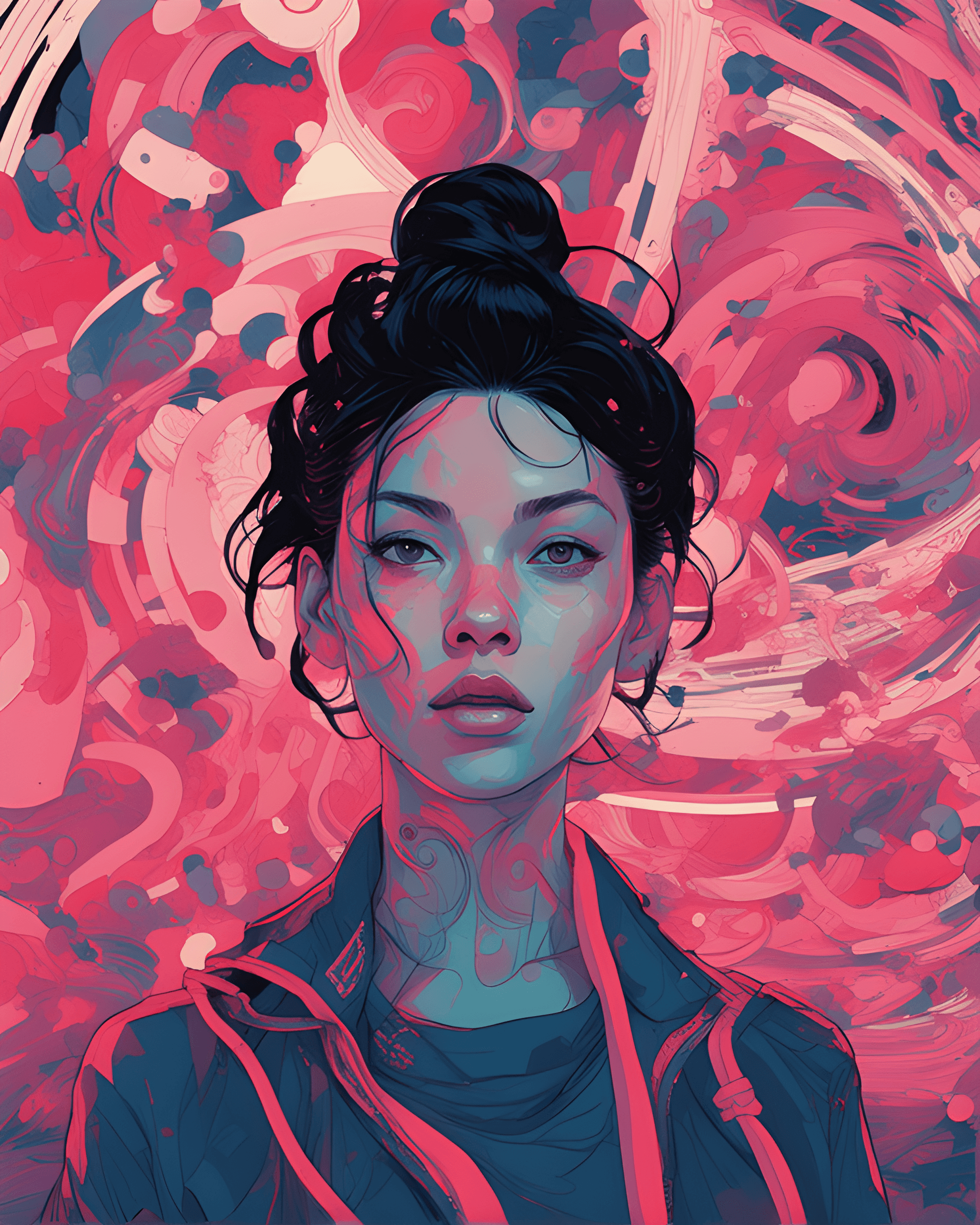AI generated: a woman with a black hair and a red and pink swirly background, jen bartel, beeple and james jean, l...