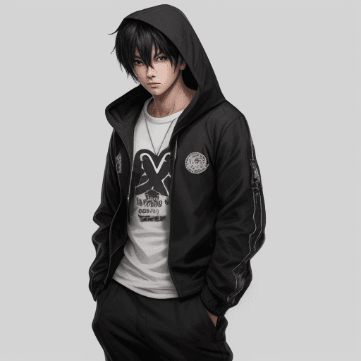 AI generated: 1boy, anime art hood, solo, male focus, hood up, hands in pockets, black hair, pants, jacket, cowboy...