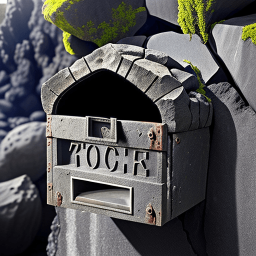 AI generated:   weather beaten letter box opening in a volcanic rock fence. Remove any letters or numbers from the...