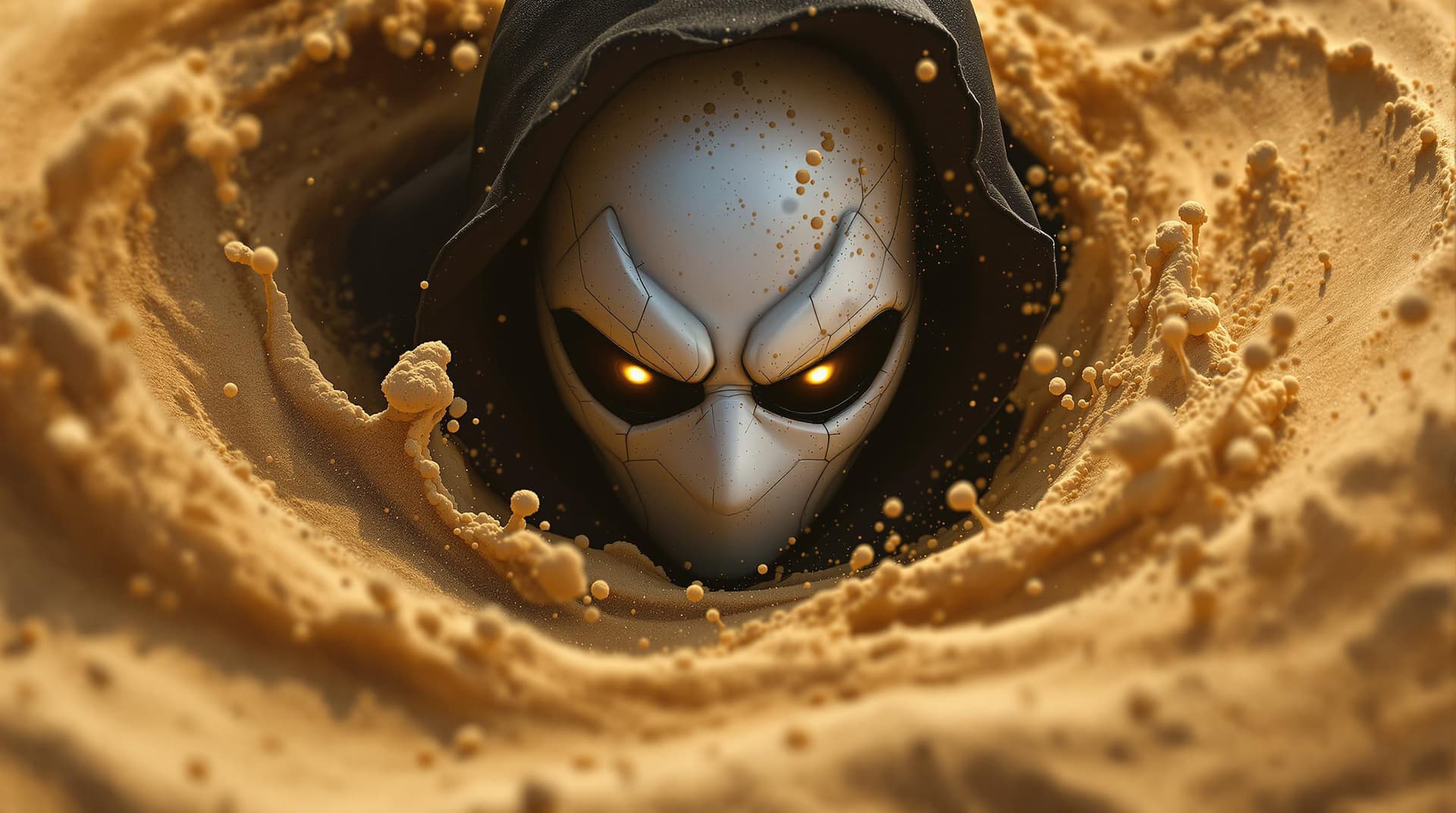 AI generated: Moon Knight dissolving into swirling sand, ultra-realistic, in the style of Marvel Comics, volumetri...
