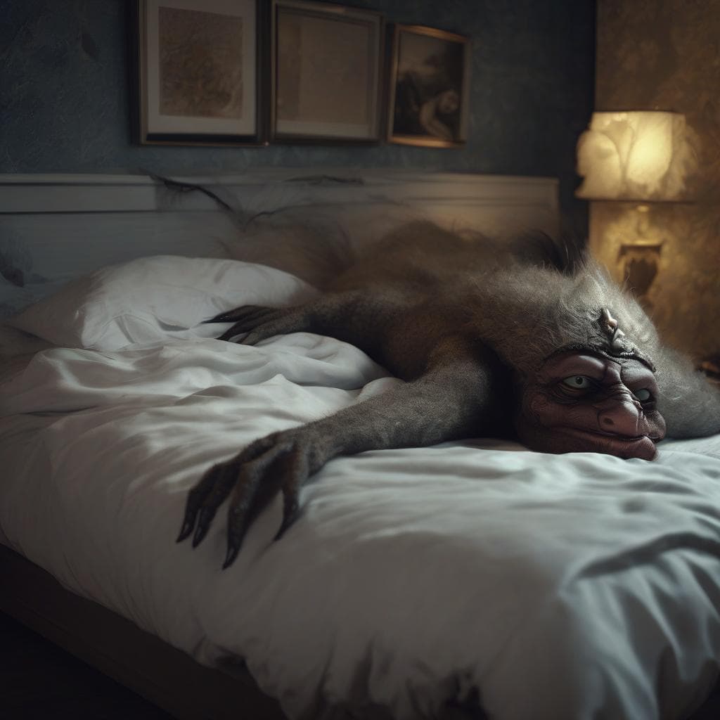 AI generated: a monster chilling in your bedroom at night, in the style of realistic hyper-detailed rendering, qui...