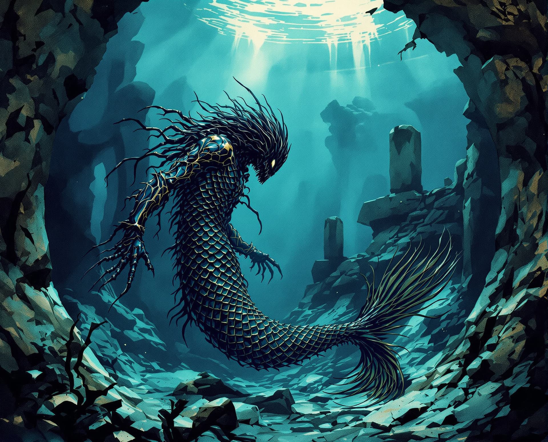 AI generated: Image is a cinematic, moody watercolor ink wash illustration featuring, underwater, verdigris, whims...