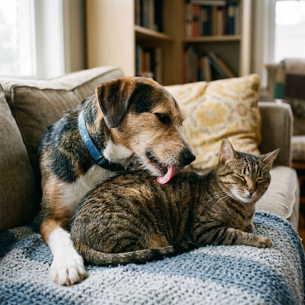 AI generated: The adult mixed breed loves his adult cat so much that he keeps licking his back.