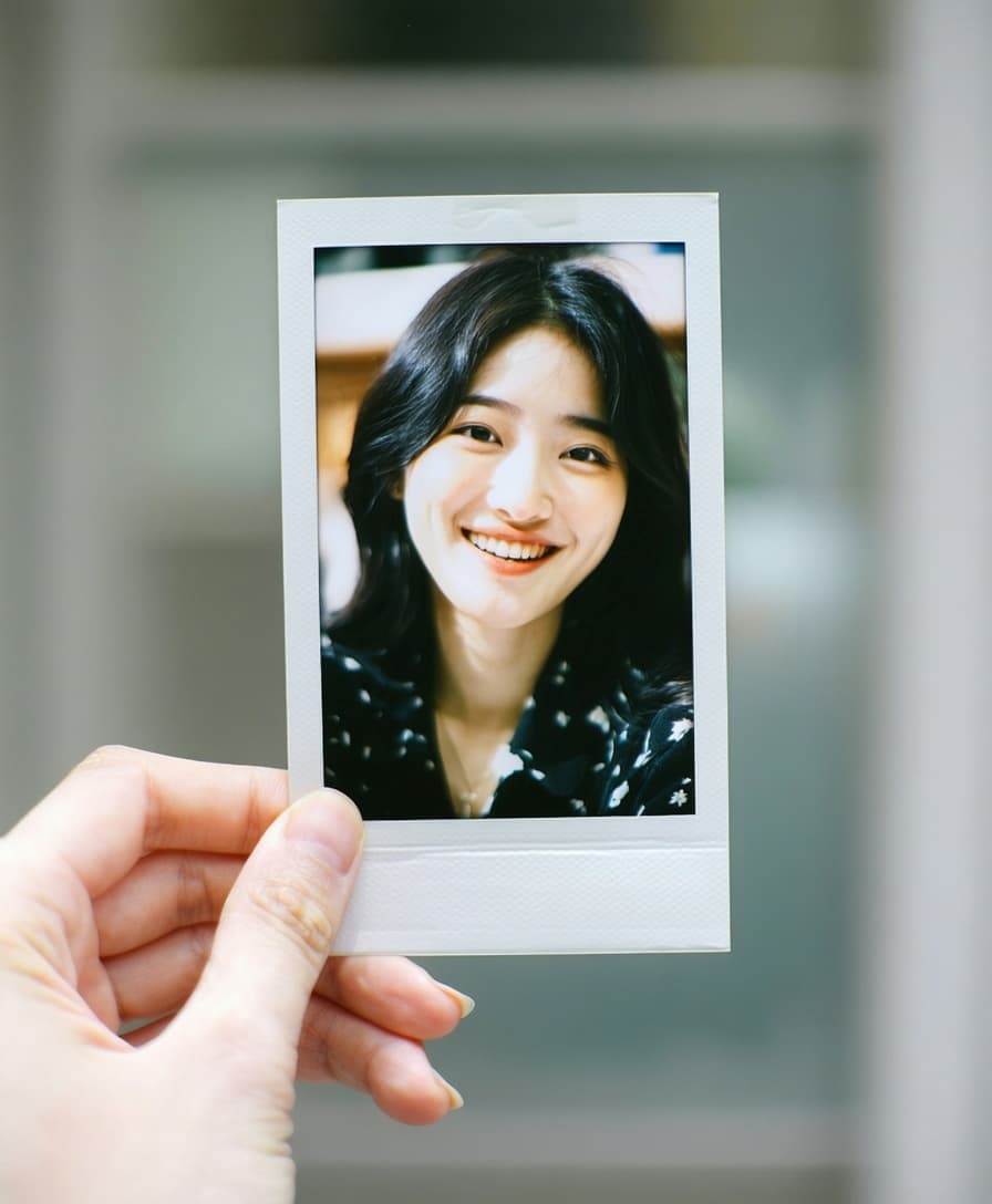 AI generated: A photo of a polaroid picture in the hand of a woman that shows a beautiful, smiling Korean woman wi...