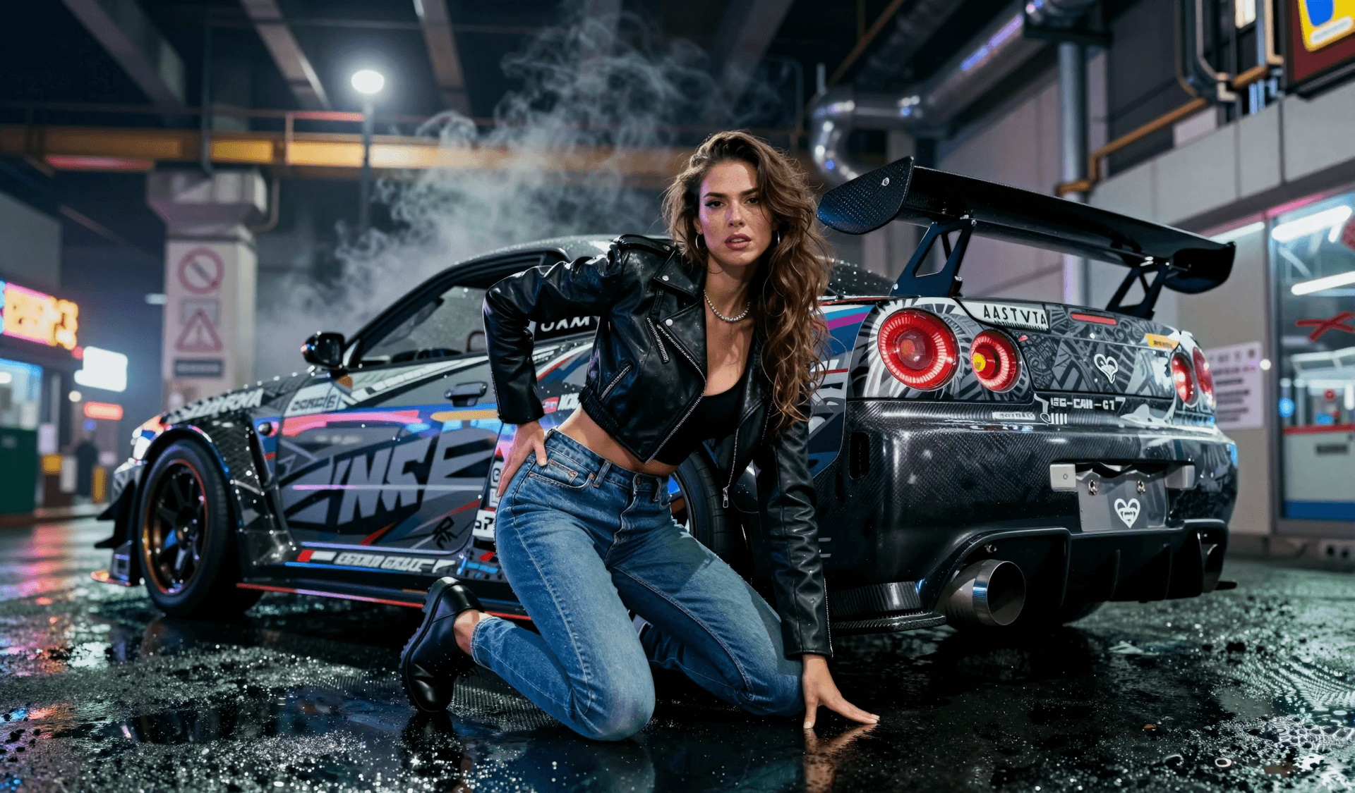 AI generated: Automotive editorial featuring a woman in full body tight denim jeans and cropped leather jacket, kn...
