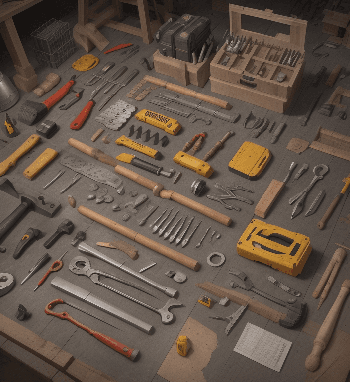 AI generated: Knolling of construction tools from the 60s, photoreal --s 750, hyper realistic, in 8k quality
