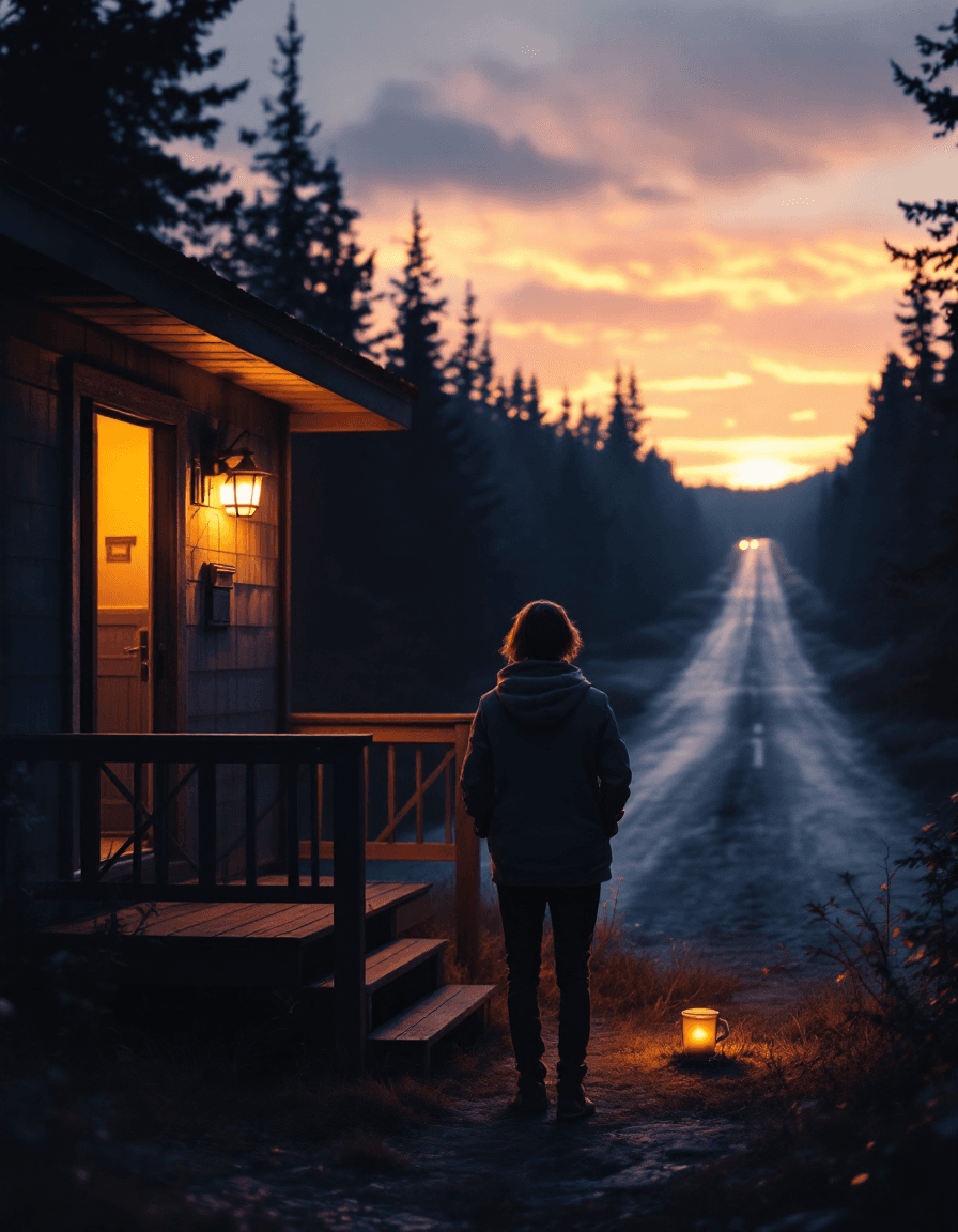 AI generated: A cinematic or softly surreal image depicting a solitary figure standing just outside a small, warml...