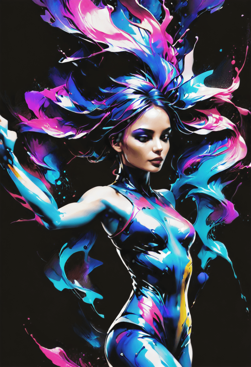 AI generated: neonpunk style black background BREAK beautiful fit woman, playing with her messy hair, paint and in...