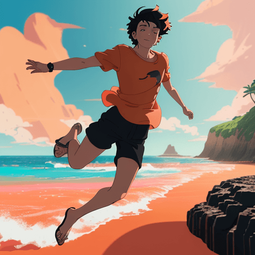 AI generated: make a landscape of a young man flying inside the sea, with orange shirt and black hair. Pink sand. ...