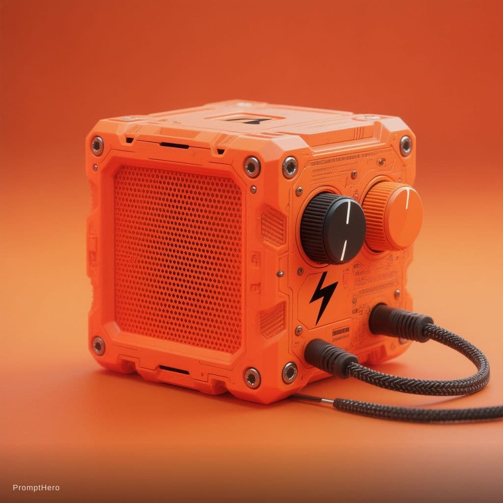 AI generated: A futuristic, minimalist cube-shaped speaker in vibrant fluorescent orange, featuring a perforated s...