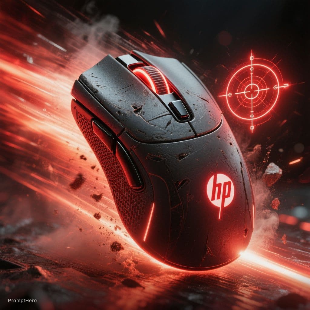 AI generated: ```
A high-speed HP gaming mouse on a dramatic cinematic background with deep red and black tones, m...