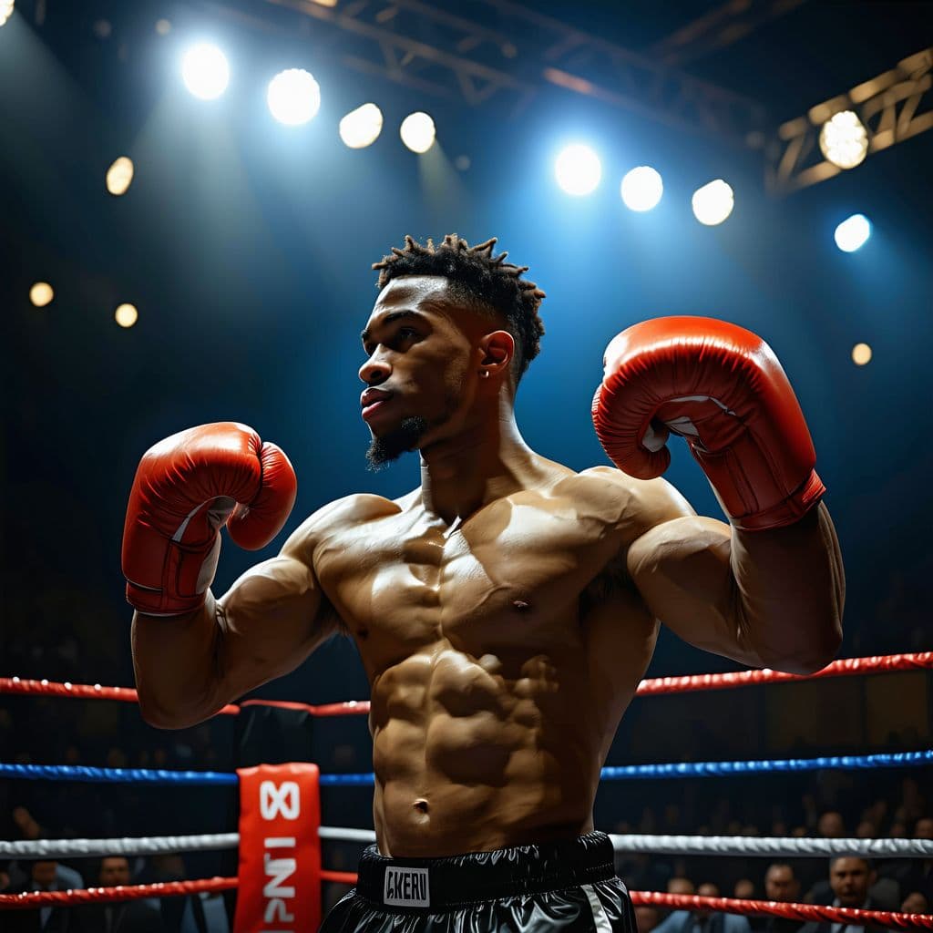 AI generated: powerful boxer stands in the ring and flexes his biceps, hyper realism, high detail, octane render; ...