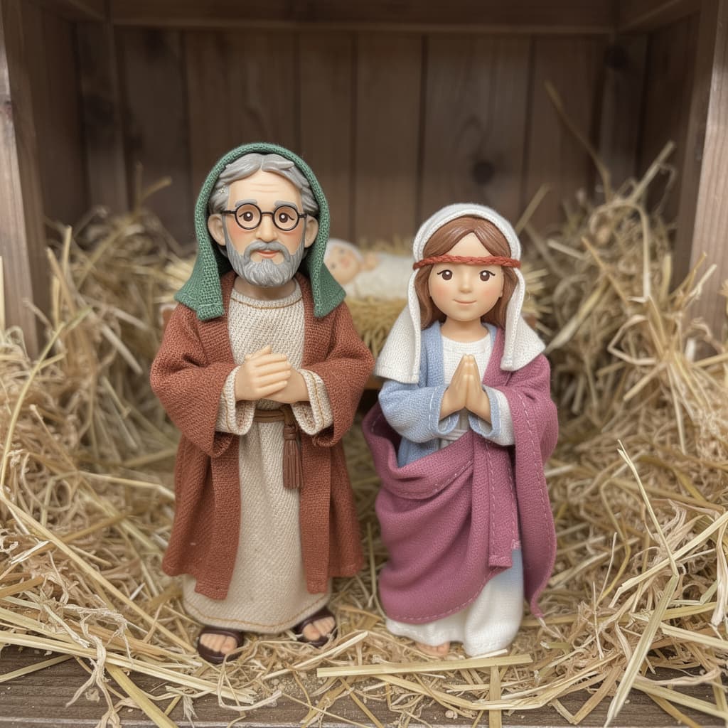 AI generated: take this couple and put like Jose in Maria in a nativity scene. they are figurines.