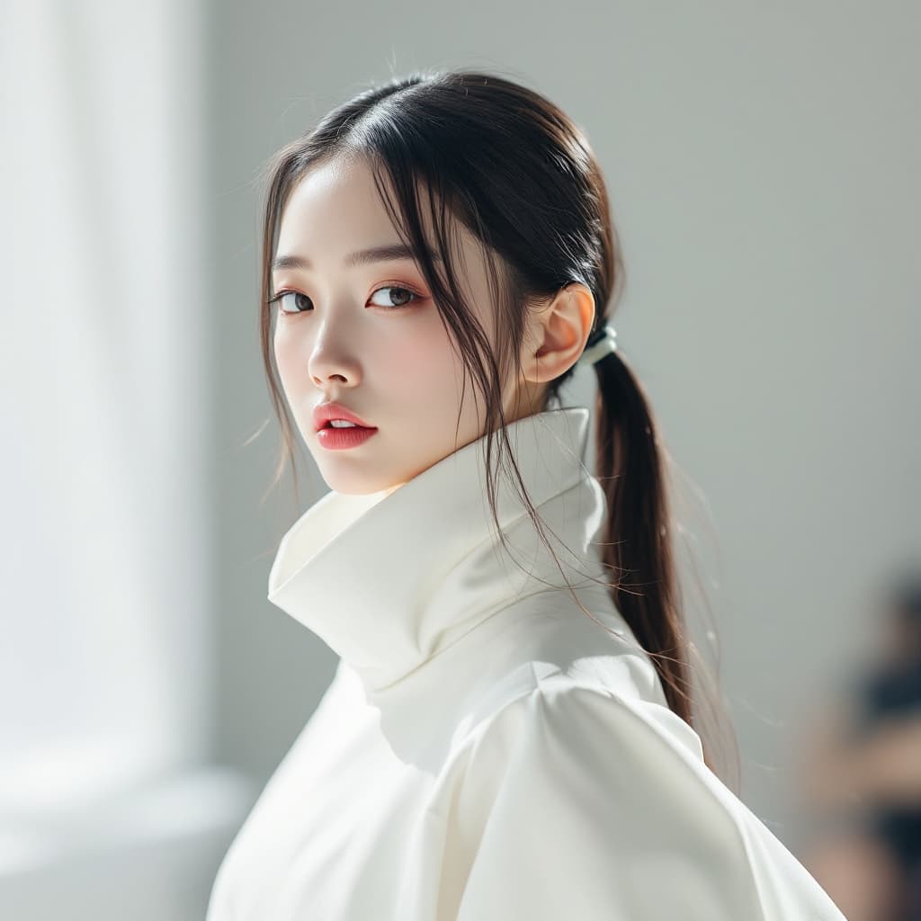 AI generated: Vogue Runway chinese Model with long Pigtails in the style of candycore hair, pale skin and light pi...