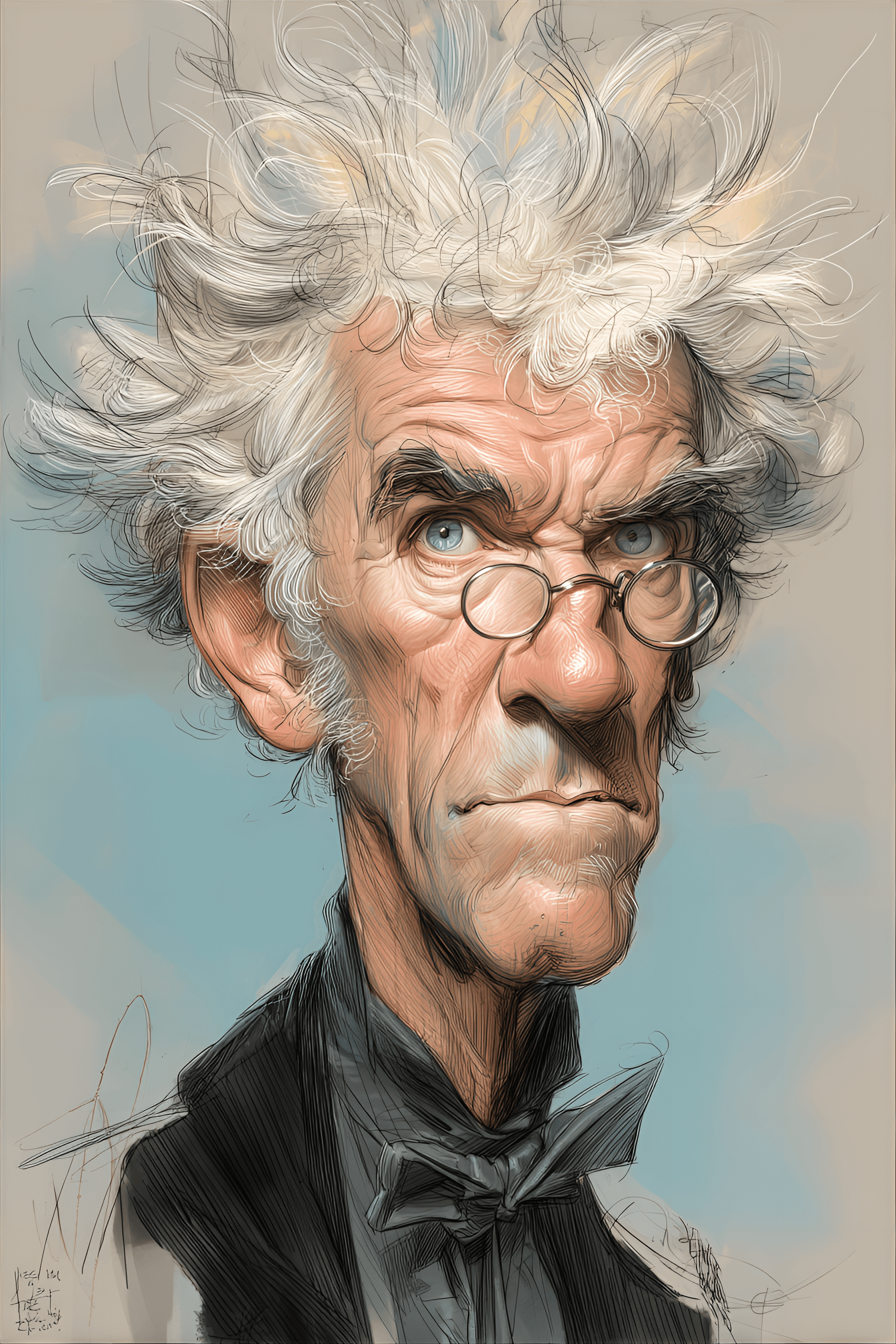 AI generated: funny caricature, eccentric artist caricature, male, caucasian ethnicity, 70 years old, wild-haired,...