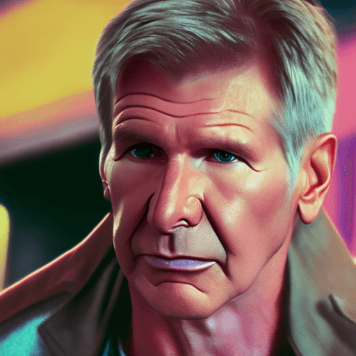 AI generated: Vogue style photo shoot of Harrison Ford] as character Rick Deckard from the movie Blade Runner] pas...