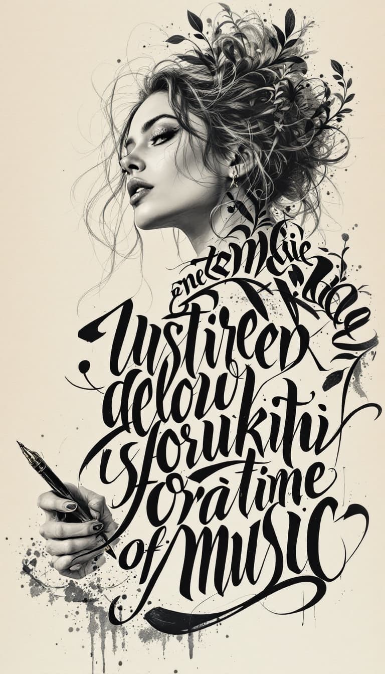 AI generated: Calligraphic Typography, Expressive Letters, Bold Text, Powerful, blone Woman Holding a Pen Writing,...