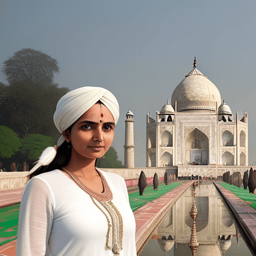 AI generated: a white indian woman with beautiful face standing near taj mahal

