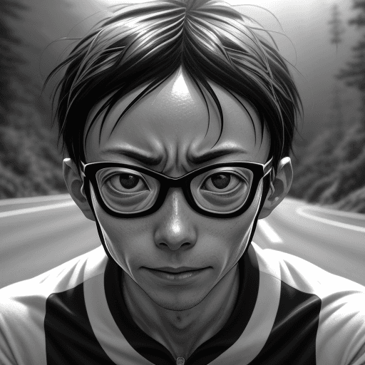 AI generated: Onoda, Yowamushi pedal,cycling, on mountain roads, city roads, busy crawling, congested roads, high ...