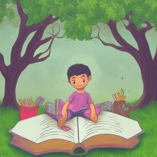 AI generated: Children Book Illustration, Cute Kid, Black Hair, Curly Hair, Sad, Reading Book, Sitting under tree,...